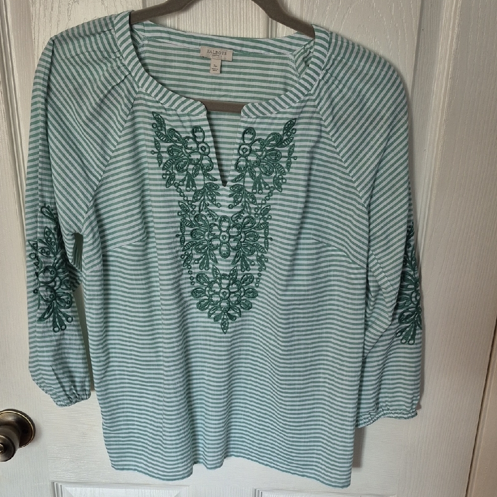 Talbots Green Striped Blouse with Embroidery